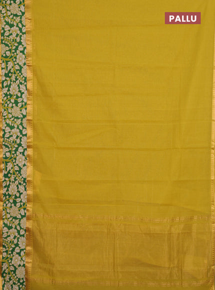 Mangalagiri cotton saree yellow and green with plain body and rettapet zari woven kalamkari border