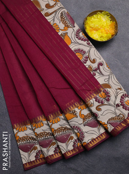 Mangalagiri cotton saree wine shade and beige with plain body and rettapet zari woven kalamkari border