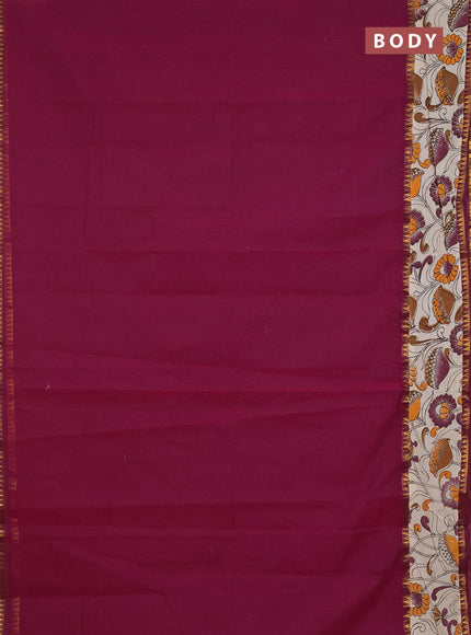 Mangalagiri cotton saree wine shade and beige with plain body and rettapet zari woven kalamkari border