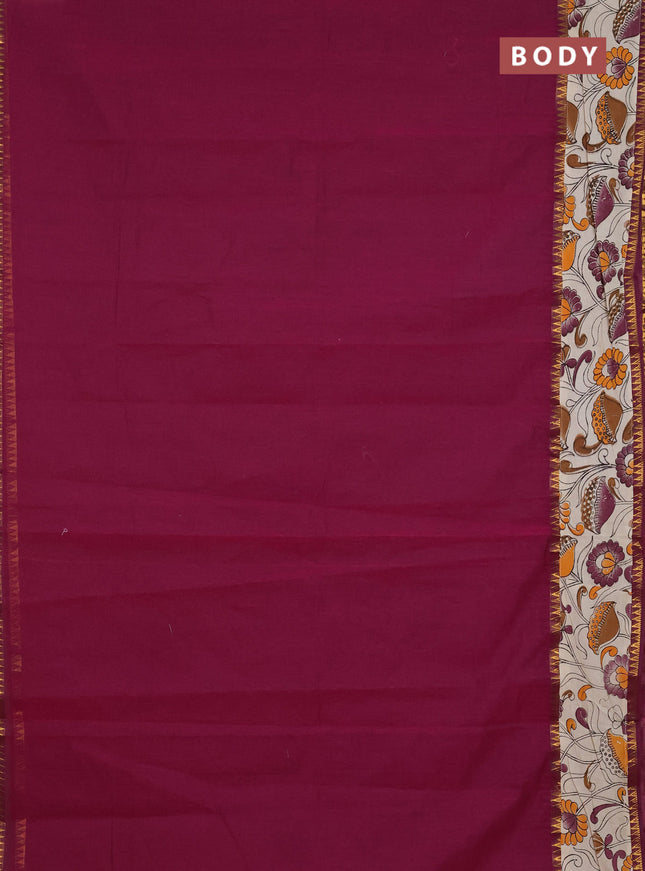 Mangalagiri cotton saree wine shade and beige with plain body and rettapet zari woven kalamkari border