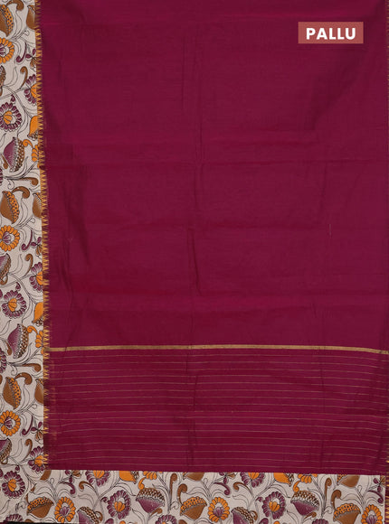 Mangalagiri cotton saree wine shade and beige with plain body and rettapet zari woven kalamkari border