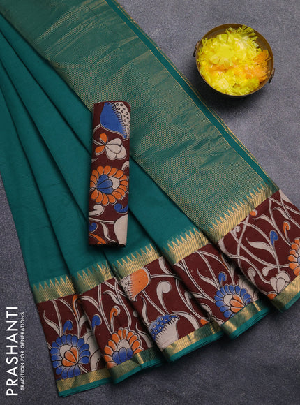 Mangalagiri cotton saree teal green and coffee brown with plain body and rettapet zari woven kalamkari border