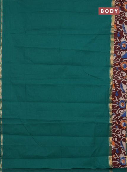 Mangalagiri cotton saree teal green and coffee brown with plain body and rettapet zari woven kalamkari border