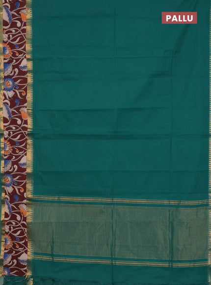 Mangalagiri cotton saree teal green and coffee brown with plain body and rettapet zari woven kalamkari border