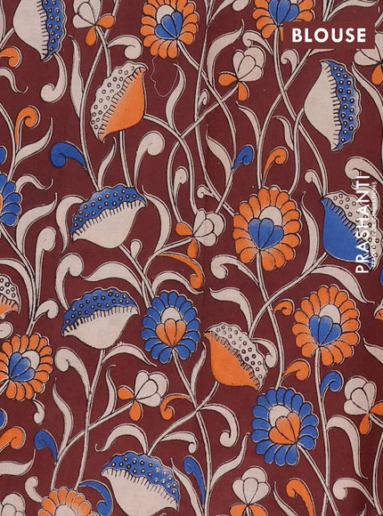 Mangalagiri cotton saree teal green and coffee brown with plain body and rettapet zari woven kalamkari border