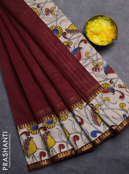 Mangalagiri cotton saree maroon and beige with plain body and rettapet zari woven kalamkari border
