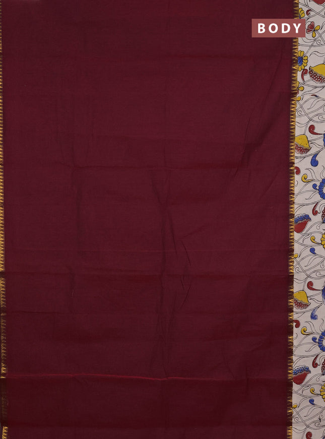 Mangalagiri cotton saree maroon and beige with plain body and rettapet zari woven kalamkari border