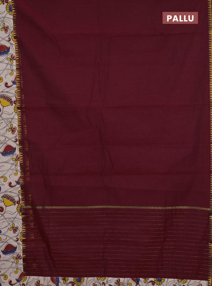 Mangalagiri cotton saree maroon and beige with plain body and rettapet zari woven kalamkari border