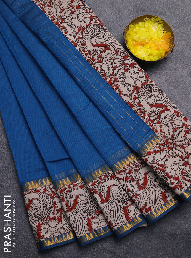 Mangalagiri cotton saree teal blue and maroon with plain body and rettapet zari woven kalamkari border