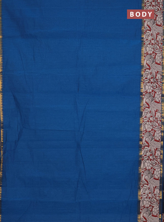 Mangalagiri cotton saree teal blue and maroon with plain body and rettapet zari woven kalamkari border