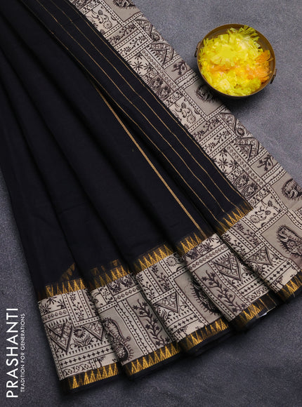 Mangalagiri cotton saree black and beige with plain body and rettapet zari woven kalamkari border