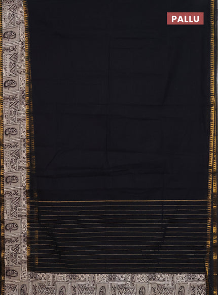 Mangalagiri cotton saree black and beige with plain body and rettapet zari woven kalamkari border