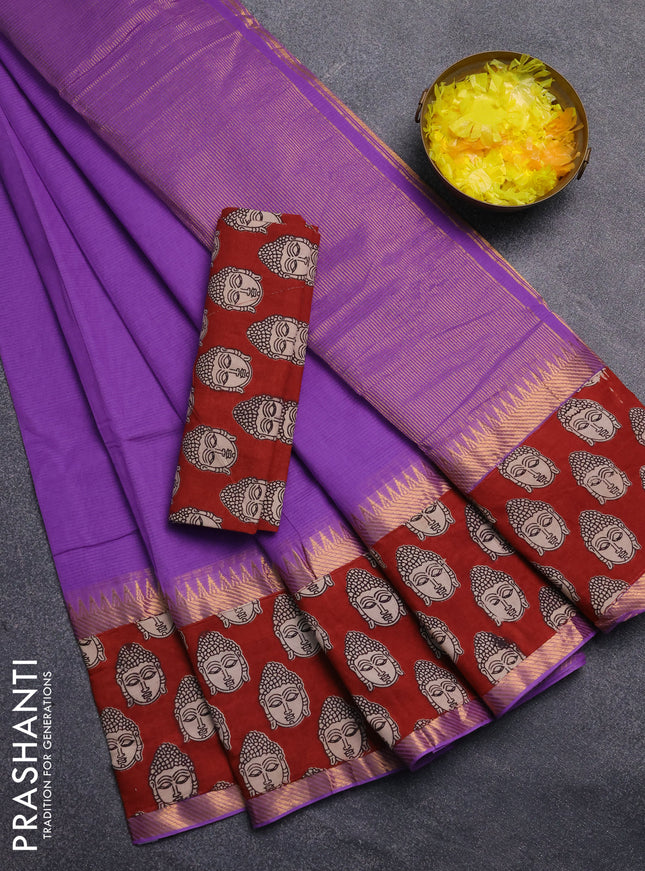 Mangalagiri cotton saree lavender and maroon with plain body and rettapet zari woven kalamkari border
