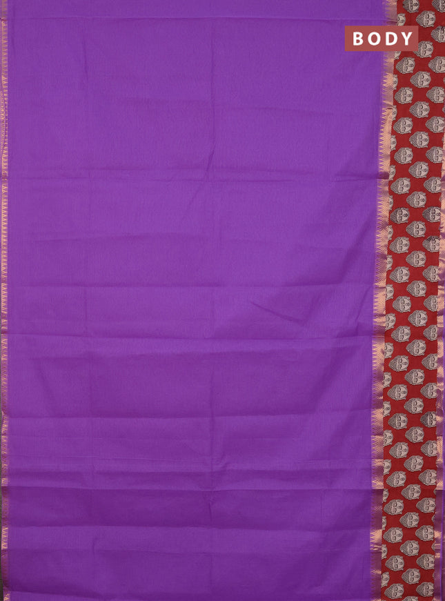 Mangalagiri cotton saree lavender and maroon with plain body and rettapet zari woven kalamkari border
