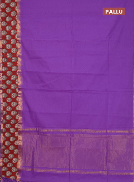 Mangalagiri cotton saree lavender and maroon with plain body and rettapet zari woven kalamkari border