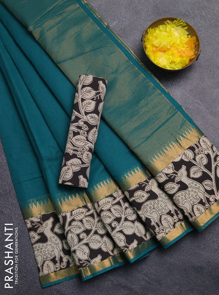 Mangalagiri cotton saree teal green and black with plain body and rettapet zari woven kalamkari border