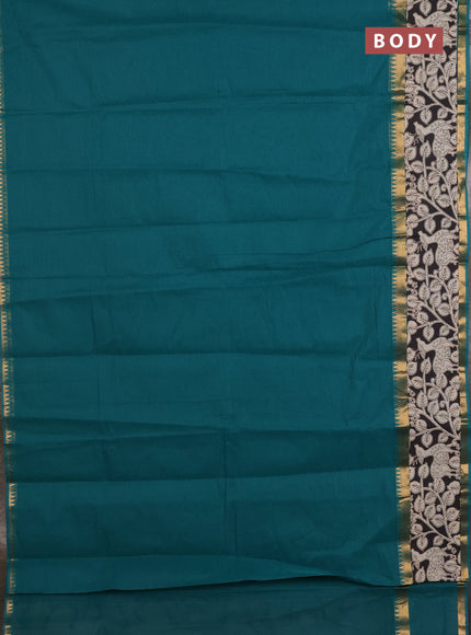 Mangalagiri cotton saree teal green and black with plain body and rettapet zari woven kalamkari border