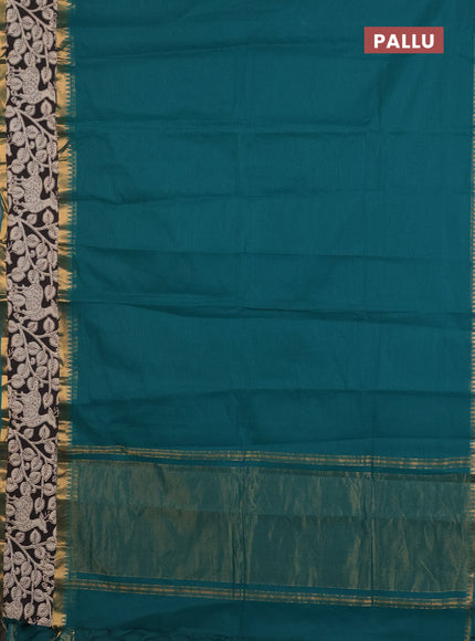 Mangalagiri cotton saree teal green and black with plain body and rettapet zari woven kalamkari border