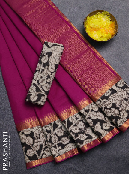 Mangalagiri cotton saree purple and black with plain body and rettapet zari woven kalamkari border