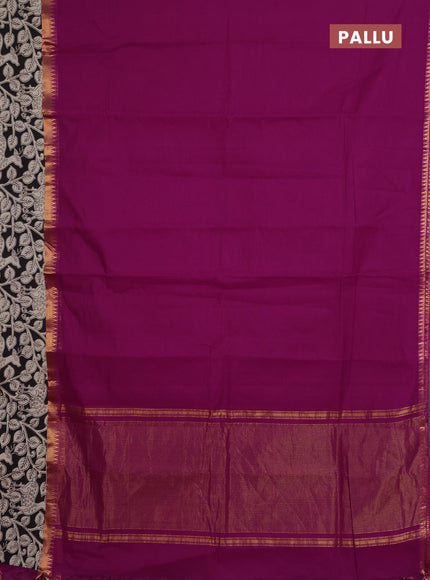 Mangalagiri cotton saree purple and black with plain body and rettapet zari woven kalamkari border