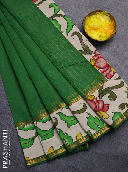 Mangalagiri cotton saree green and beige with plain body and rettapet zari woven kalamkari border
