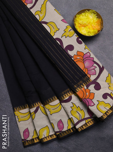 Mangalagiri cotton saree black and beige with plain body and rettapet zari woven kalamkari border