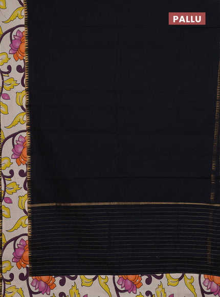 Mangalagiri cotton saree black and beige with plain body and rettapet zari woven kalamkari border