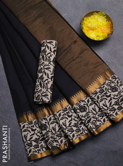 Mangalagiri cotton saree black and beige with plain body and rettapet zari woven kalamkari border