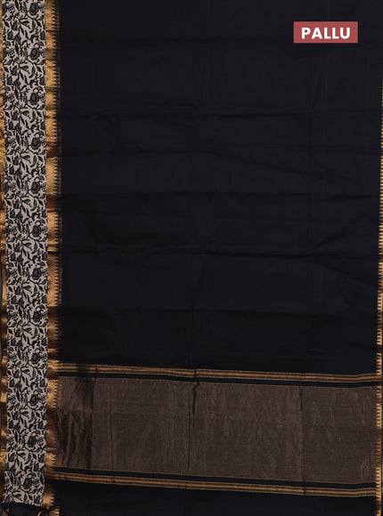 Mangalagiri cotton saree black and beige with plain body and rettapet zari woven kalamkari border