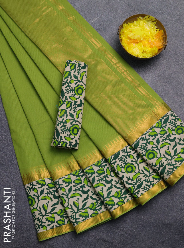 Mangalagiri cotton saree light green and beige with plain body and rettapet zari woven kalamkari border