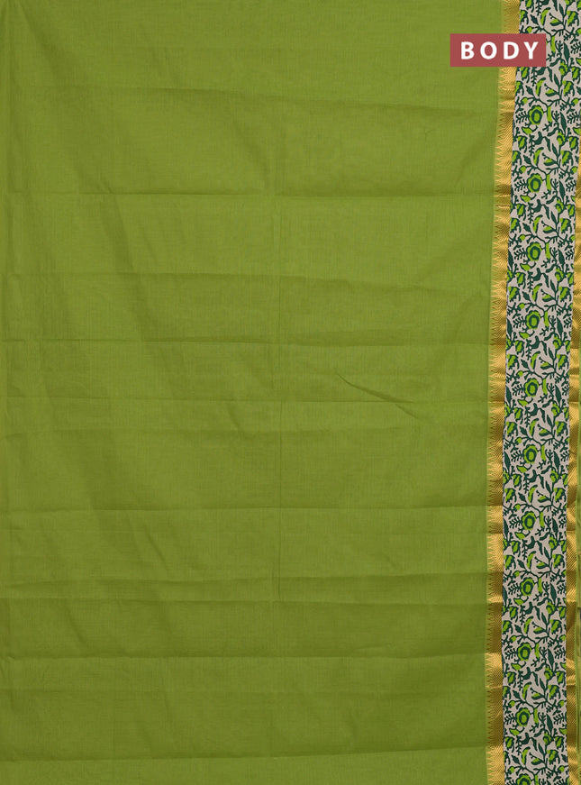 Mangalagiri cotton saree light green and beige with plain body and rettapet zari woven kalamkari border
