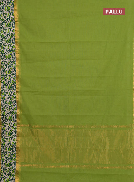 Mangalagiri cotton saree light green and beige with plain body and rettapet zari woven kalamkari border