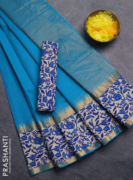 Mangalagiri cotton saree cs blue and blue with plain body and rettapet zari woven kalamkari border