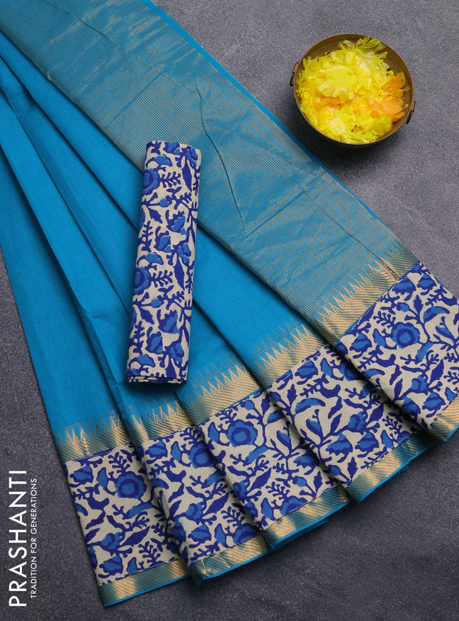 Mangalagiri cotton saree cs blue and blue with plain body and rettapet zari woven kalamkari border