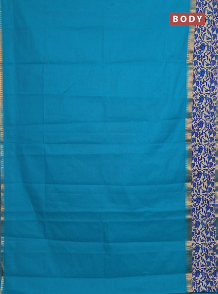 Mangalagiri cotton saree cs blue and blue with plain body and rettapet zari woven kalamkari border