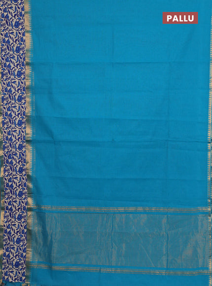 Mangalagiri cotton saree cs blue and blue with plain body and rettapet zari woven kalamkari border