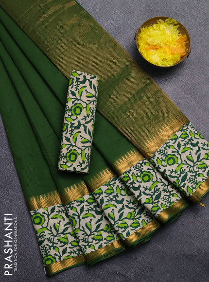 Mangalagiri cotton saree sap green and beige with plain body and rettapet zari woven kalamkari border