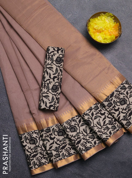 Mangalagiri cotton saree dark beige and beige with plain body and rettapet zari woven kalamkari border