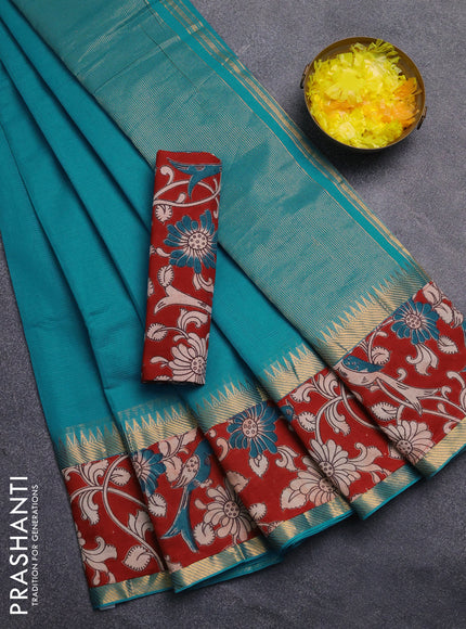 Mangalagiri cotton saree cs blue and maroon with plain body and rettapet zari woven kalamkari border