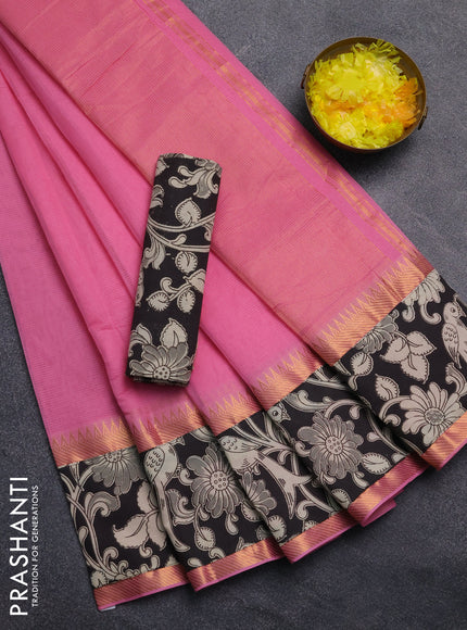 Mangalagiri cotton saree peach pink and black with plain body and rettapet zari woven kalamkari border
