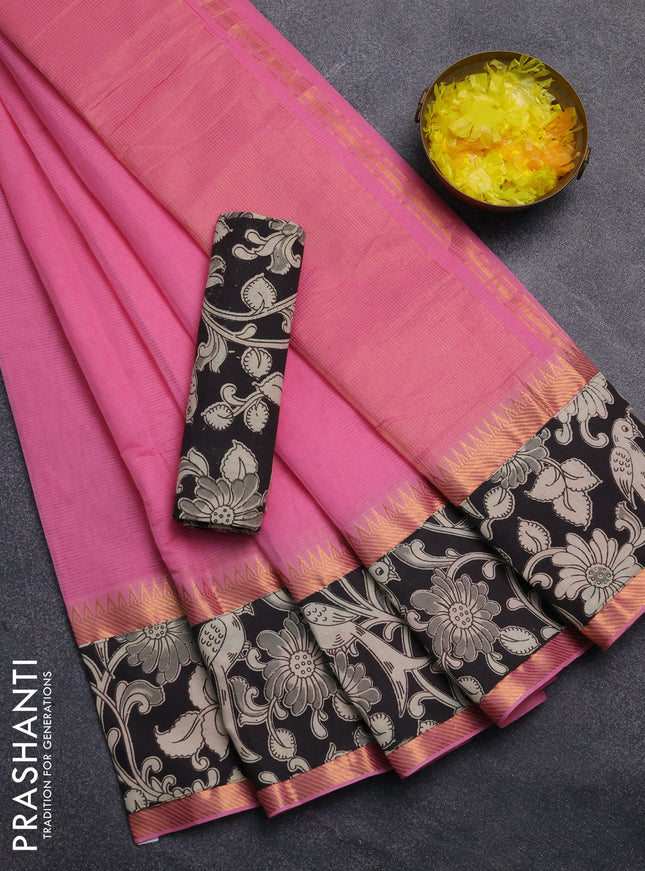 Mangalagiri cotton saree peach pink and black with plain body and rettapet zari woven kalamkari border