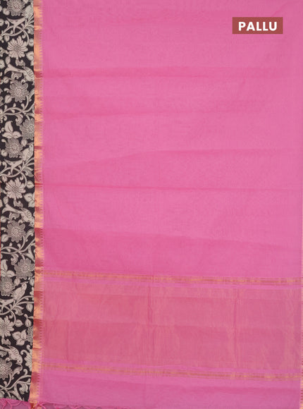 Mangalagiri cotton saree peach pink and black with plain body and rettapet zari woven kalamkari border