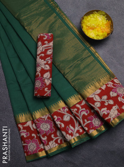 Mangalagiri cotton saree green and maroon with plain body and rettapet zari woven kalamkari border