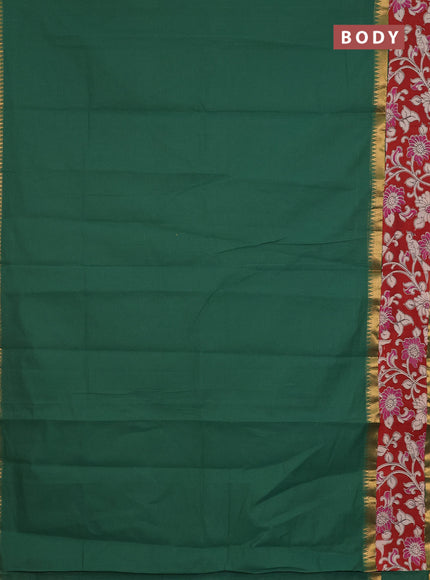 Mangalagiri cotton saree green and maroon with plain body and rettapet zari woven kalamkari border