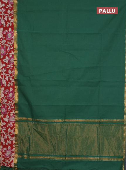 Mangalagiri cotton saree green and maroon with plain body and rettapet zari woven kalamkari border