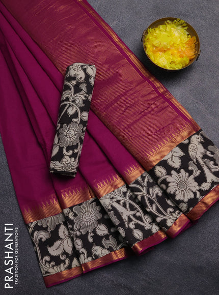 Mangalagiri cotton saree deep purple and black with plain body and rettapet zari woven kalamkari border