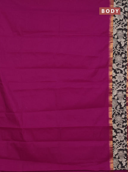 Mangalagiri cotton saree deep purple and black with plain body and rettapet zari woven kalamkari border