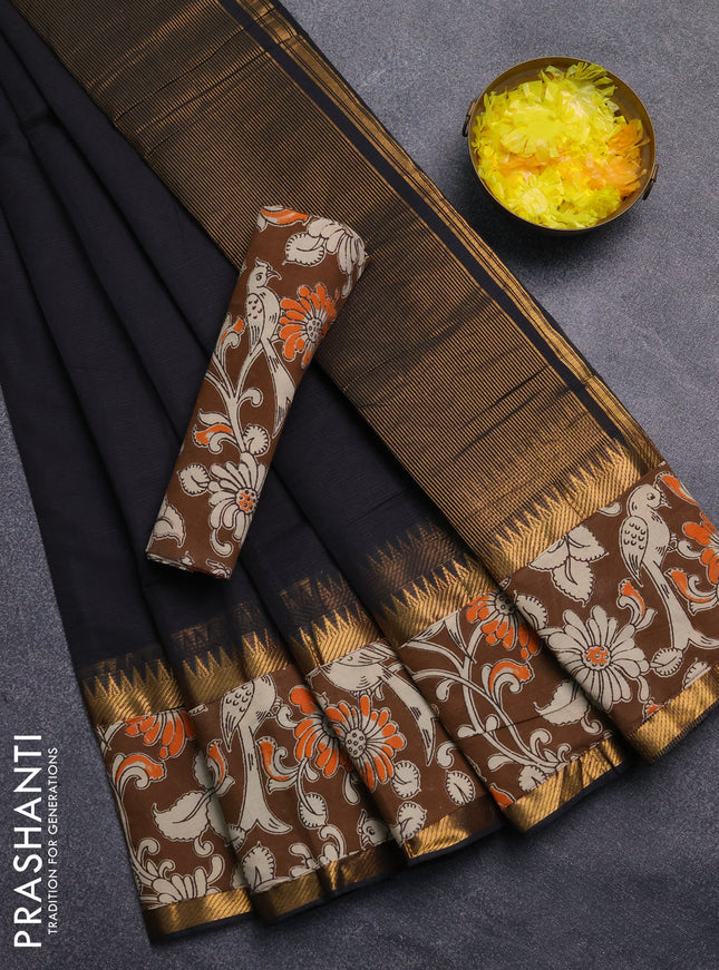 Mangalagiri cotton saree black and brown with plain body and rettapet zari woven kalamkari border