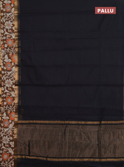 Mangalagiri cotton saree black and brown with plain body and rettapet zari woven kalamkari border