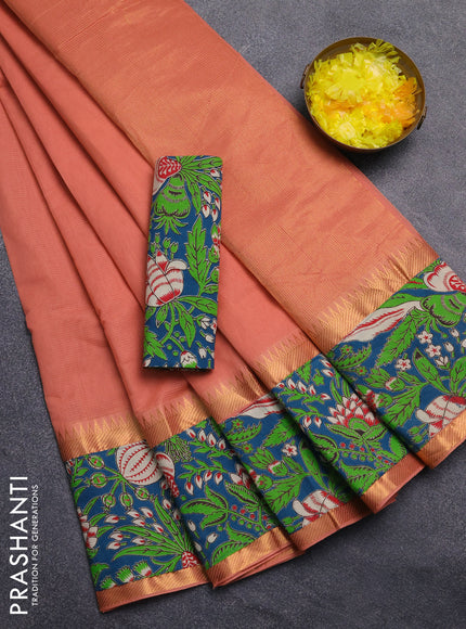 Mangalagiri cotton saree peach shade and teal green with plain body and rettapet zari woven kalamkari border